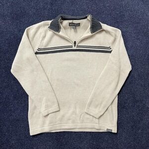 Eddie Bauer Sweater Mens Medium Beige 1/4 Zip Mock Neck Striped Knit Pullover